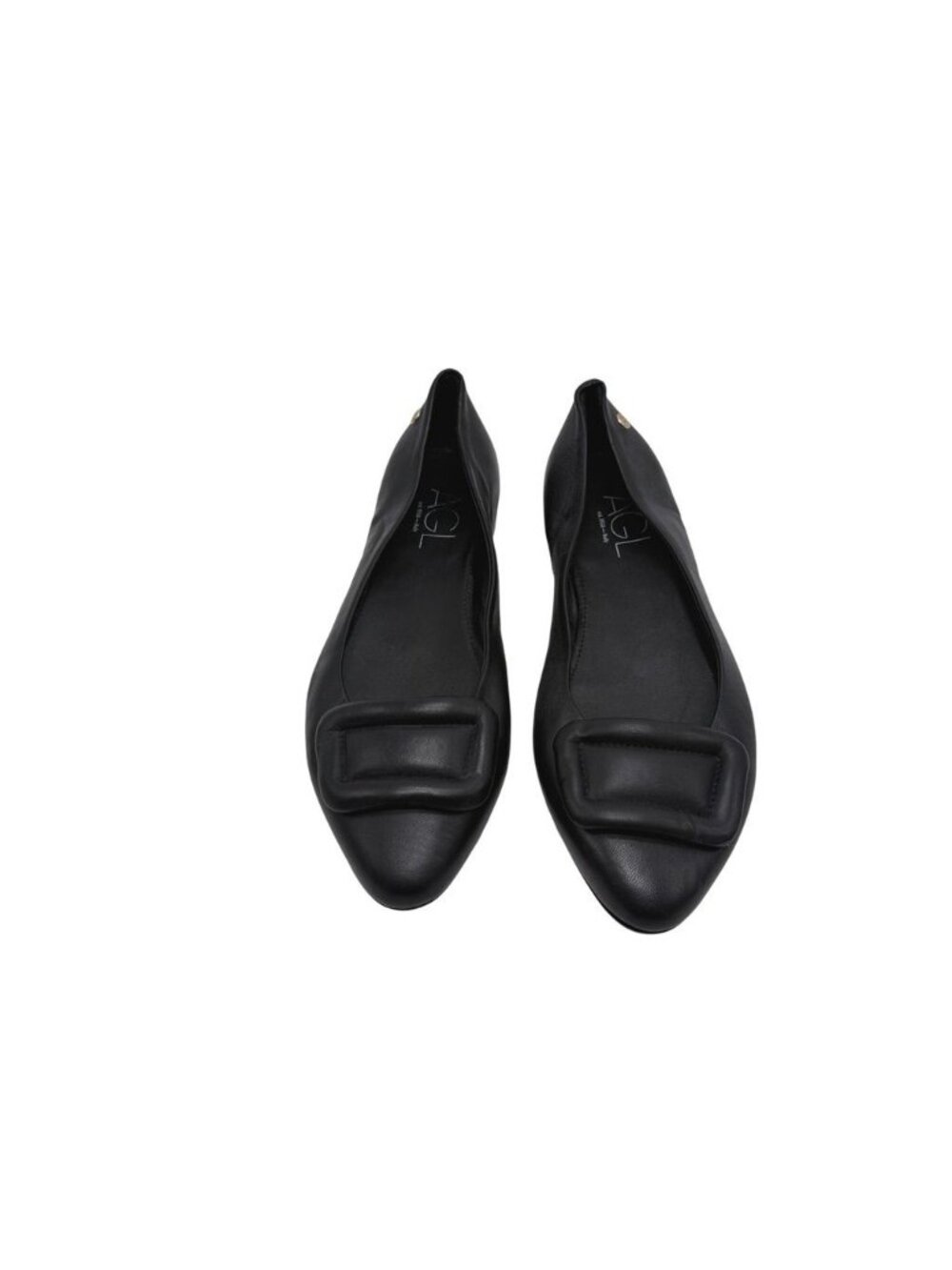 AGL Lolita Black Leather Flats Padded Buckle & Gold Logo Accent Women 38